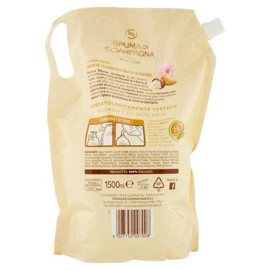 SPUMA DI SCIAMPAGNA SAPONE LIQUIDO ECORICCARICA LATTE DI MANDORLA E BURRO DI  KARITE' 1,5 LT